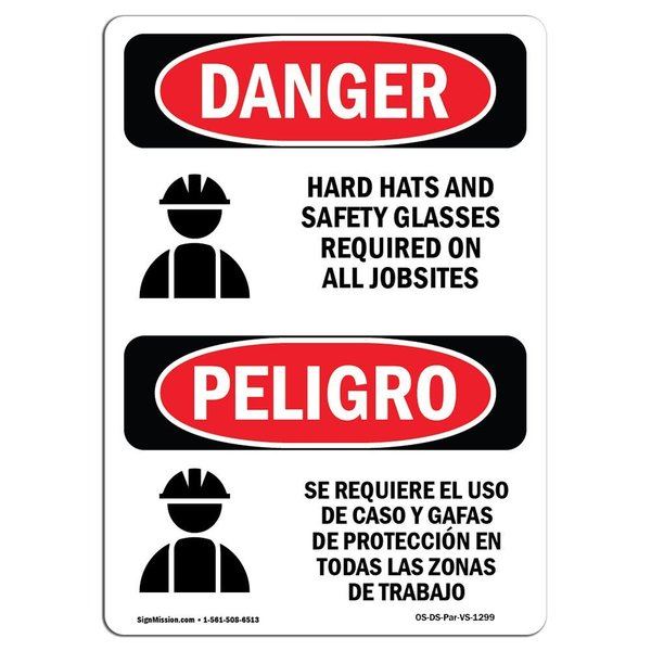 Signmission OSHA Sign, Hard Hats Glasses Required Bilingual, 10in X 7in Rigid Plastic, 7" W, 10" H, Spanish OS-DS-P-710-VS-1299